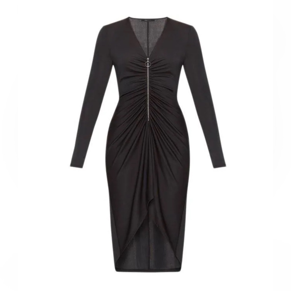BCBGMaxAzria Black Ruched Long Sleeve Dress